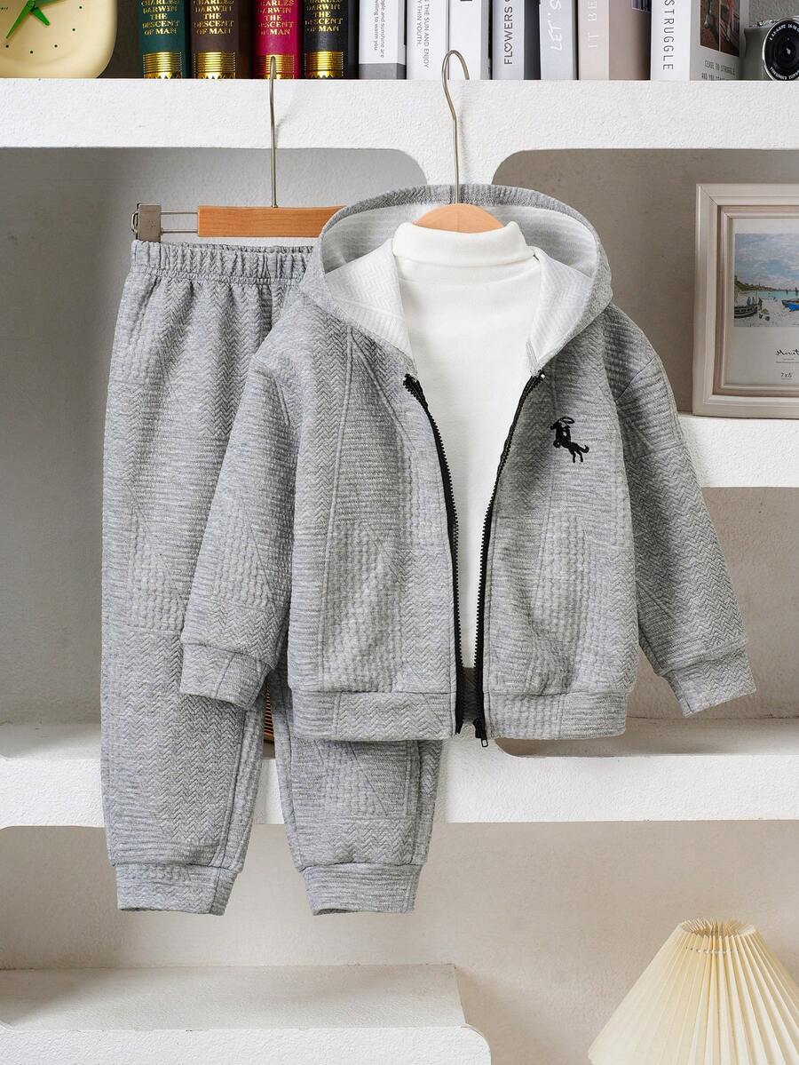 Boys' Casual Embroidered Hooded Jacket & Pants 2-Piece Outfit Set For Spring, Autumn & Winter, Essential Gift - Grey - View 1