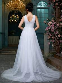 Women Fashion V-Neck Simple Elegant Romantic Formal Wedding Dress Event Homecoming Party Gowns Bachelorette Bridal Shower Engagement Reception Dresses - White - View 3