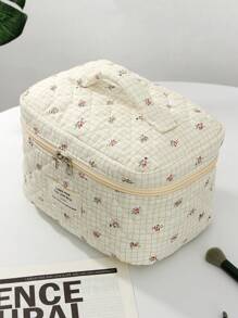 1 Stück weiße gesteppte Reißverschlusstasche mit kariertem Blumenmuster Make-up Tasche, modisch und lässig große Kapazität tragbare Reißverschluss Make-up Taschen, Reise- und Urlaubsutensilien Kosmetiktaschen für Binden, Slipeinlagen, Kabel-Kopfhörer, Ohrhörer, Kopfhörer, Ladegerät, Lippenstifte, Kosmetika, Parfüm, Pflegeprodukte, Heimdekoration, für Mütter, Frauen, Krankenschwestern, Studentinnen, Schulkinder, Schlüssel, Urlaubsgeschenke
