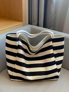 休闲大容量手提包韩版时尚条纹帆布包2025夏季单肩包妈咪包购物袋