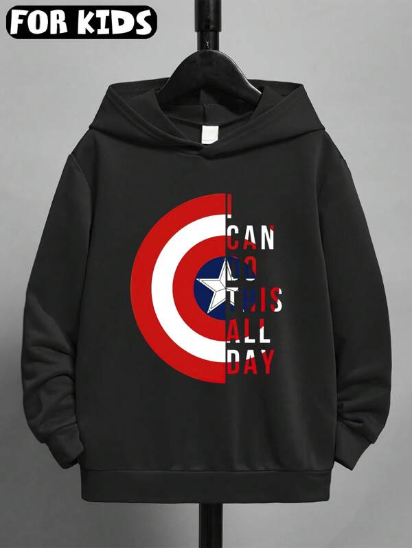 Marvel Sweat-shirt à capuche à manches longues pour garçons, filles et adolescents, style décontracté, couleur unie, motif Captain Shield Marvel, << I Can Do It Every Day », imprimé slogan, coupe ample, épaules tombantes, noir