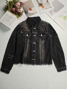 Women's Casual Street Style Distressed Flap Pocket Washed Denim Jacket, Autumn Spring - Dark Grey - View 6