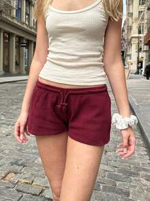 Womens Drawstring Shorts Casual Elastic Low Waist Solid Color Lounge Shorts Going Out Pants Minimalist Sporty - 酒紅色 - 查看 1