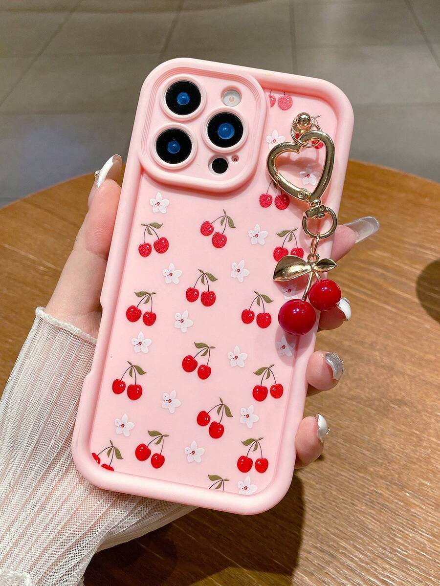 Funda protectora de teléfono de unicolor transparente de 1 pieza con patrón de cereza linda de TPU rosa, incluye un colgante con forma de cereza, compatible con iPhone 17/17 Air/17 Pro/17 Pro Max/16/16 Pro/16 Plus/16 Pro Max/15/14/13/12/11/13, 14 Pro Max, 11 Funda protectora a prueba de golpes de TPU suave, regalo de primavera