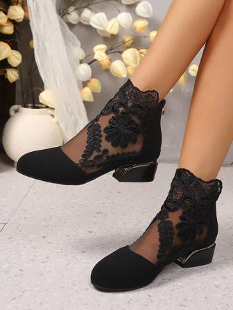 SDEMIN Tidig höst och vinter, dagligt bruk, dejtresor, damtemperament, blommiga spetsstövlar, fyrkantiga höga klackar med dragkedja bak, runda stövlar och trendiga spetsiga svarta mesh- och andningsbara höga klackar