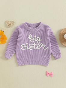Suéteres para niñas pequeñas, de manga larga, con cuello redondo y bordado de letras, prendas de punto para niñas pequeñas - Morado - Ver 6
