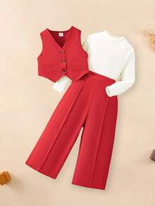 Kid Toddler Girls Suits Baptism Day Church Outfits Formal Wedding Guest Outfit Tuxedo Waistcoat Long Sleeve Mock Neck T Shirt Pants Sets 3pcs Dress Clothes 3-10 Years - 紅色 - 查看 3