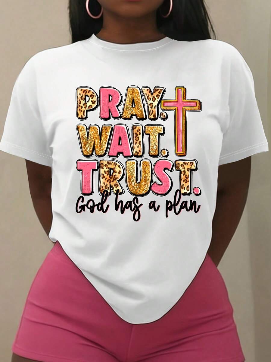 Pray Wait Trust God Has A Plan Inspirational Women's T-Shirt - 100% Cotton Soft Crew Neck Short Sleeve Tee, 220gsm Lightweight Casual Top With Geometric Print, Machine Washable For Spring Summer Fall - 白色 - 查看 1