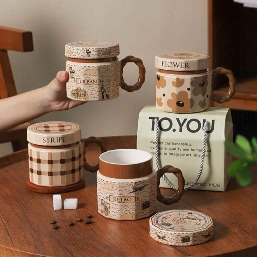 1PC Vintage Style Ceramic Mug, Beautiful Social Media Favorite Mug, Luxury Gift Mug With Lid, Personalized Coffee Mug Back To School