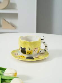 1 Set Creative Cute Cat Tail Handle Handpainted Cat Ceramic Coffee Cup & Saucer - Multicolor - View 8