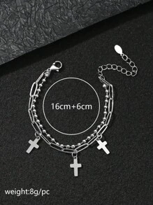 1 pezzo Collana con catena di perline in acciaio inossidabile con croce e pentagramma, mini-maschile e versatile doppio strato per uomo