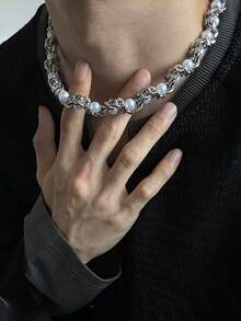 1pc European & American Style Creative Faux Pearl & Thorn Splice Beaded Chain Necklace, Suitable For Women, Gift, Silver Color, Non-Fading - Multicolor - View 2