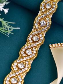 1pc Elegant Bridal Waist Belt, Handmade Rhinestone Wedding Belt, Sweet & Graceful Women's Evening Dress Accessory - Champagne Ribbon - View 3