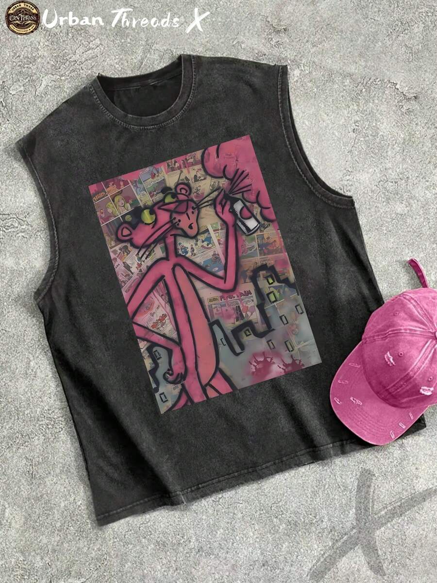 Men's Sleeveless Vest Retro Washed 100% Pure Cotton Casual Loose T-Shirt - Black - View 1