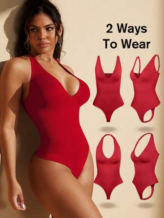 1 件女士收腹无缝塑身衣，2 种穿着方式，带可拆卸肩带，紧身丁字裤，平坦腹部，全身户外胸部包裹，比基尼款式，露背无肩带塑身衣