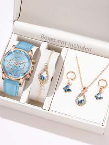 GAIETY 5 件女士蓝色表带时尚休闲罗马数字刻度石英表蝴蝶手链项链耳环首饰套装适合日常佩戴装饰或节日礼物 - 藍色 - 查看 1