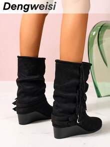 Black Pleated Fringe Double Strap Slip-On Wedge Heel Round Toe Comfortable Music Festival Vacation Versatile Mid-Calf Boots - Black - View 7