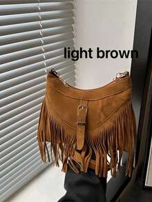DAZY 1pc Fringed Decor Solid Color Suede/PU Leather Crossbody Bag, For Women Everyday Use - Coffee - View 5