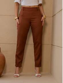 Women's Tailored Trousers, Straight, Side Zipper, High Waist - Rỉ Nâu - Xem 1