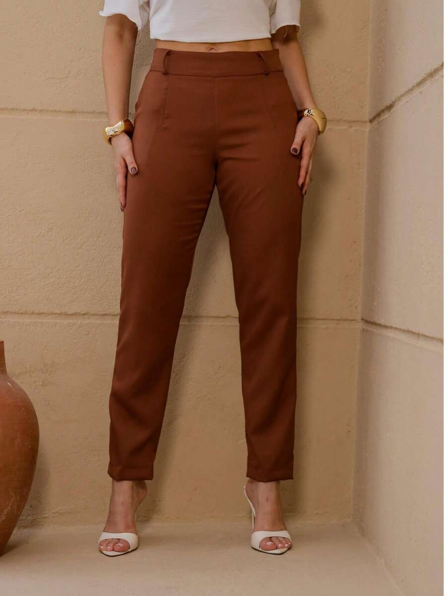 Women's Tailored Trousers, Straight, Side Zipper, High Waist - Rỉ Nâu - Xem 1