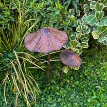 Set Of 2 Vintage Brown Metal Mushroom Garden Decorations - Rustic Outdoor Fairytale With Greenery Accents, Waterproof Lawn Patio Decorations Suitable For Potted Plants, Garden Art
