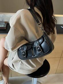 Buckle & Studded Decor Bag - Black - View 5