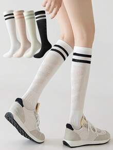 1/2/4双装女士长筒袜，压缩运动袜，适用于羽毛球、健身、跑步、跳绳、瑜伽，学院风，舒适保暖 - 彩色 - 查看 4