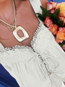 Women Lace Patchwork Tank Top Sleeveless Square Neck Tie-Up Front Ruffle Trim Vest Shirts For Summer Vacation - trắng - Xem 5