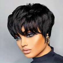Short Bob Wig For  Pixie Cut Wigs  Glueless Wig None Lace Front Wig With Bangs Natural Black Straight Full Machine Made Short Layered For Daily Use - Black - View 5