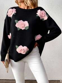 Women's Round Neck Crocheted Flower Jacquard Pattern, Plant Rib Machine Embroidery, Embroidery, Knitted Sweater