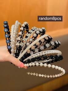 8 件套优雅女士仿珍珠水钻发箍，款式多样，适合日常佩戴，是返校季的推荐礼物，发带，发箍，秋季发饰，女士头饰 - 彩色 - 查看 3