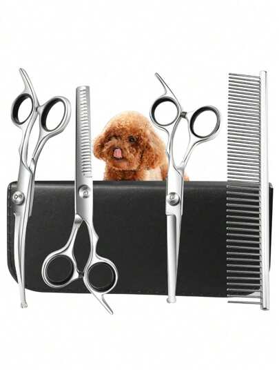 4-Piece Silver Professional Pet Grooming Scissors Set, Including Straight Scissors, Slit Scissors, Curved Scissors And Pet Comb, Suitable For Cats And Dogs.
