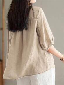 Embroidered Tops For Women Cotton Linen Shirts Boho  Peasant Tee Ladies 3/4 Sleeve V Neck Casual Tunic Blouses - 米色 - 查看 5
