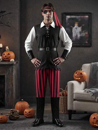 Halloween Pirate Raider Costume Bandana Eye Patch Tops Pants And Belt 5 Pcs Set For Cosplay  Party