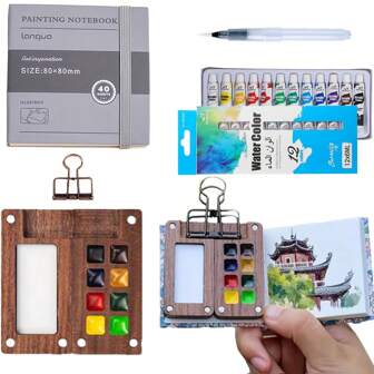 Set de 5 piezas de paleta de pintura de acuarela portátil y mini con área de mezcla integrada, estuche de plástico para viajes, clip y pincel con agua para artistas, estuche vacío - Accesorio de caballete para bocetos y pintura al aire libre