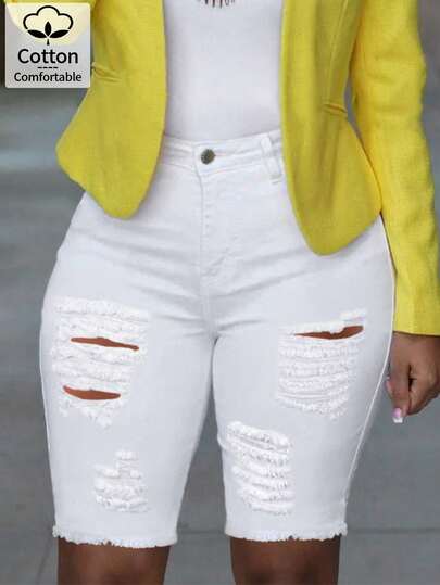 Ripped Skinny Solid Color Pocketed Casual Denim Shorts For Summer White