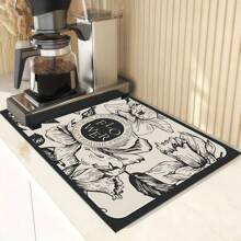 多功能花卉图案硅藻土材质杯垫 - 柔软、防滑、超强吸水 | 适用于咖啡机、宠物和台面装饰 - 黑與白 - 查看 4