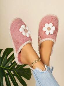 女士时尚圆头仿毛一脚蹬拖鞋，带可爱花朵装饰，舒适居家拖鞋，适合秋冬季，加大码