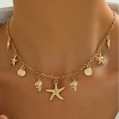 1pc Fashionable ZA Layered Necklace, Vintage Boho Beach Style With Starfish, Shell, Turtle & Multi-Pendant Design, Party/Holiday Gift, Versatile Accessory