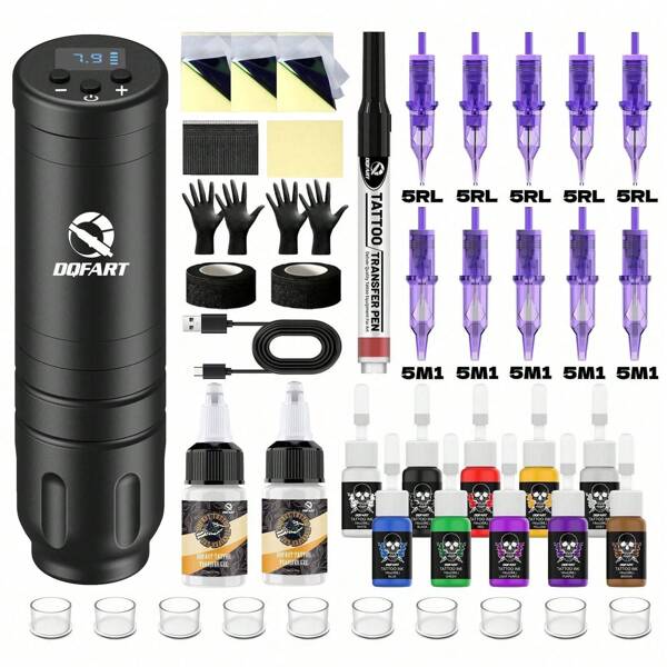DQFART Kit de máquina de tatuar inalámbrica, incluye máquina de tatuar todo en uno de 1500 mAh, agujas de tatuaje, tinta de tatuaje y varios suministros necesarios para tatuaje. Kit de tatuaje completo para principiantes y artistas del tatuaje (Negro)