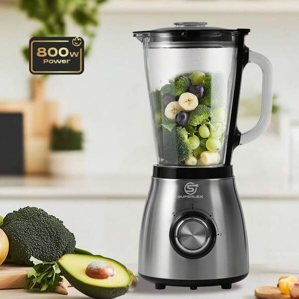 SUPERLEX Standmixer, Smoothie Mixer, 2 Geschwindigkeiten und Pulseinstellung, Spülmaschinenfeste Teile, Automatische Reinigung, Easy Clean Edelstahl, Eiszerkleinerer 800W