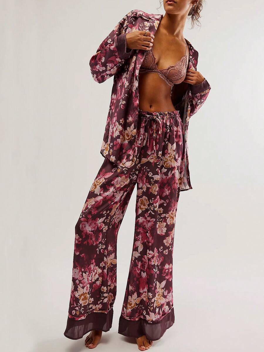 Womens Y2k Silk Pajame Sets Floral Print Long Sleeve Button Down Shirt Wide Leg Pants Satin Girly Western Pajames 2 Piece Loungewear - Màu tím - Xem 1