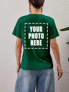 定制女士 T 恤 - 添加您的文字和照片（风景/徽章/情侣照片/家庭照片/自拍/宠物等），正面和背面印刷定制，设计您自己的个性化印花 T 恤作为送给女朋友的礼物、情侣约会衬衫等。 - 墨綠色 - 查看 4