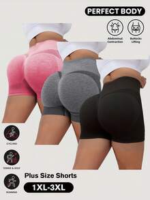 3 piezas Pantalones cortos de yoga sin costuras de unicolor talla grande para mujeres, de secado rápido, para yoga en interiores, correr al aire libre, ciclismo, fitness y moldeado corporal que realzan el trasero