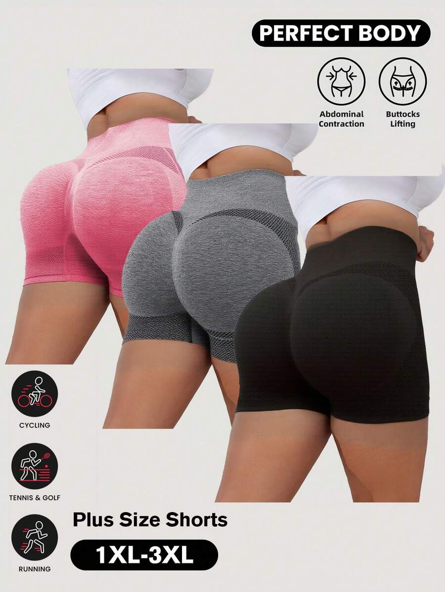 3 piezas Pantalones cortos de yoga sin costuras de unicolor talla grande para mujeres, de secado rápido, para yoga en interiores, correr al aire libre, ciclismo, fitness y moldeado corporal que realzan el trasero