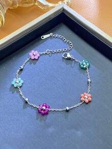 1pc Fashionable Delicate Twisted Faux Pearl Stainless Steel Bracelet With Pink Crystal Flower Handmade O-Link Chain Wristband, Suitable For Women, Spring/Summer/Autumn