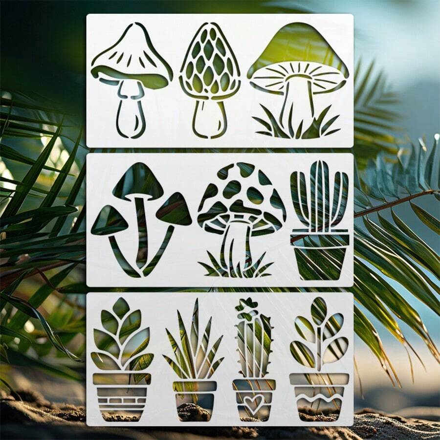 3pcs Reusable 11.8x5.9 Inch Stencils For Painting Potted Plants, Mushroom, Cactus & Succulent Patterns, Wall Decor Templates For Canvas, Fabric, Wall, Scrapbooking, DIY Crafts, Art Projects, Home Decor - Sets - View 1