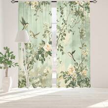 2Pcs Elegant Bird Floral Curtains Green Garden Print Window Drapes, Fresh Nature Style Flying Birds Rose Pattern Sheer Curtains, Light Filtering Panels For Living Room Bedroom Study Office Home Decor, Rod Pocket Design - Hoa oải hương - Xem 1