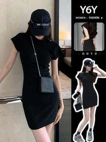[Y6Y] 极简圆领连帽针织迷你连衣裙 | 收腰A字修身连衣裙，打造日常时尚风格 - 黑色 - 查看 3