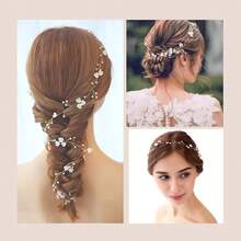 YFFSFDC ヘアアクセサリー 花嫁 カチューシャ パール 小花 髪飾り かわいい おしゃれ 花冠 結婚式 和装 成人式 披露宴 卒業式 撮影 浴衣 飾り - ゴールド-パール・フラワー - チェックする 6